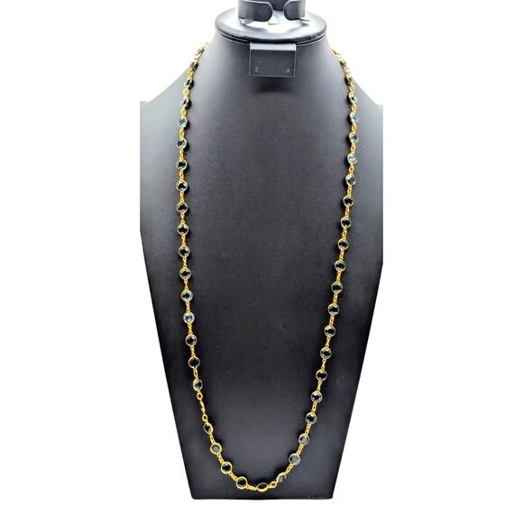 Vintage Austrian Crystal USA Gold Tone Bezel Set Blue Crystal Chain 36" Necklace - Picture 1 of 7